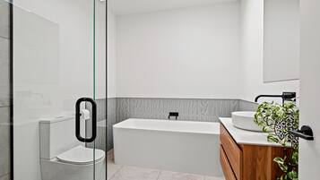A modern bathroom with a glass shower enclosure, a toilet, a bathtub, and a vanity with a sink and mirror.