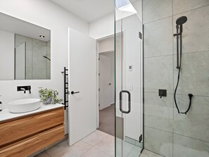 Hair dryer, towels, soap, shampoo