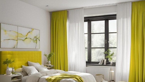 A modern bedroom with a bright yellow headboard, a large window with curtains, a white rug, and a green ottoman. - Captivating 3-bed House in Nottingham (Nottingham)