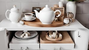 A white tea set on a wooden tray, a white vase with flowers, and a white cabinet with drawers. - Captivating 3-bed House in Nottingham (Nottingham)