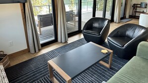 A modern living room with a large sliding glass door leading to an outdoor deck, a black leather sofa, a wooden coffee table, and a green armchair.