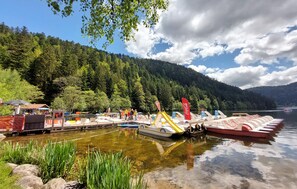 Enjoy serene lakeside views and paddle boat access.
