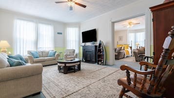 Smart TV, fireplace, books, computer monitors