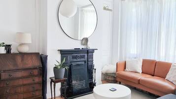 Smart TV, fireplace, books, music library