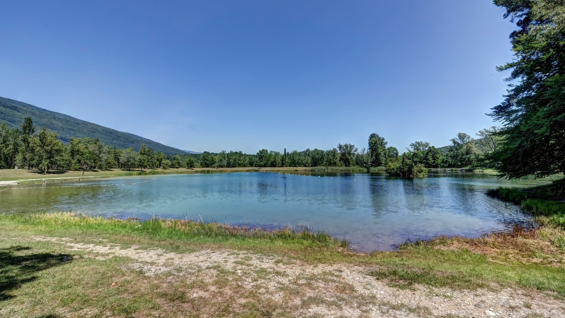 A serene lake surrounded by trees and a mountain in the background.