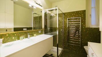 Shower, hair dryer, bidet, towels