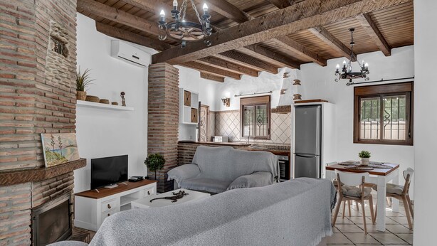 A cozy living room with a fireplace, a television, and a sofa.