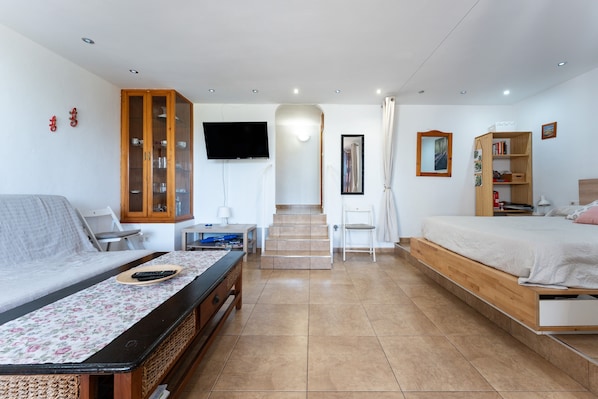 A bedroom with a bed, a sofa, a TV, a wooden cabinet, a staircase, and a bookshelf.