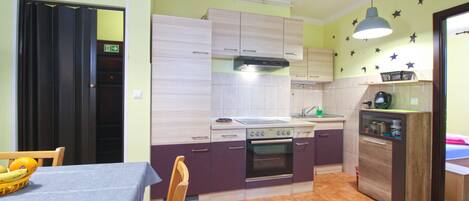 Fridge, oven, stovetop, cookware/dishes/utensils