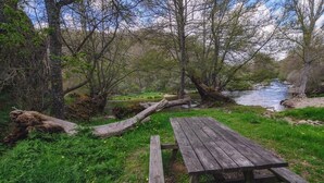 Une table de pique-nique située dans une zone boisée, avec une rivière en arrière-plan.