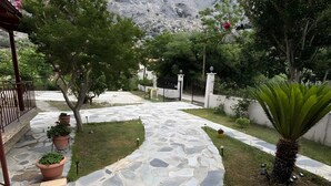 A stone pathway leading to a gate, surrounded by greenery and a mountainous backdrop.