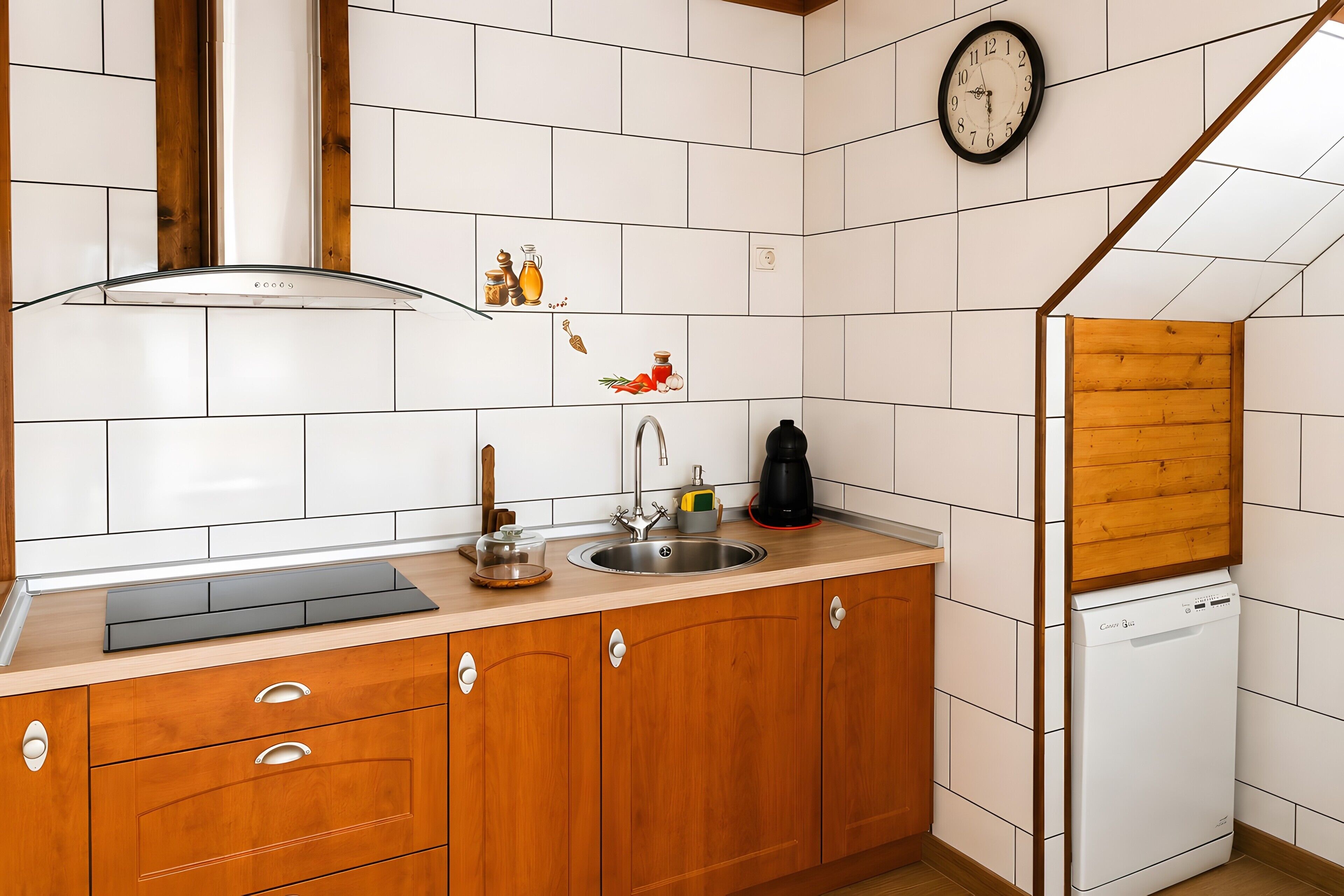A kitchen with a wooden countertop, a stainless steel sink, a dishwasher, and a clock on the wall.