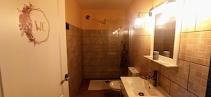 Une petite salle de bain comprenant des toilettes, un lavabo, une douche et un miroir.