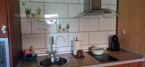 A kitchen with a stainless steel sink, a stove, a toaster, and a wooden cabinet. - Apartment 'El Guardaviñas Periquita' with Mountain View, Shared Terrace and Wi-Fi (ABALOS)