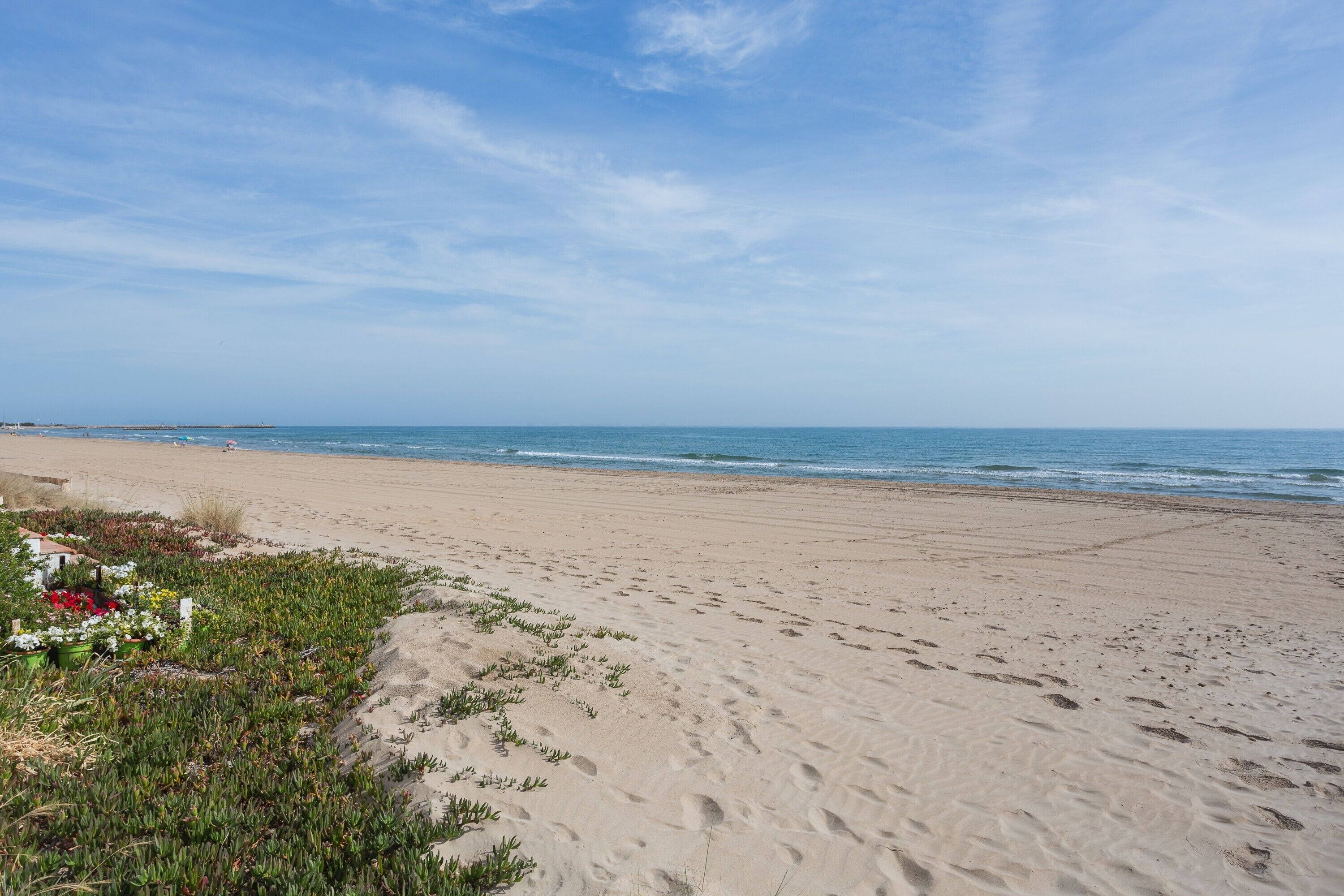 Une plage de sable, parsemée d’empreintes et baignée par un ciel dégagé.