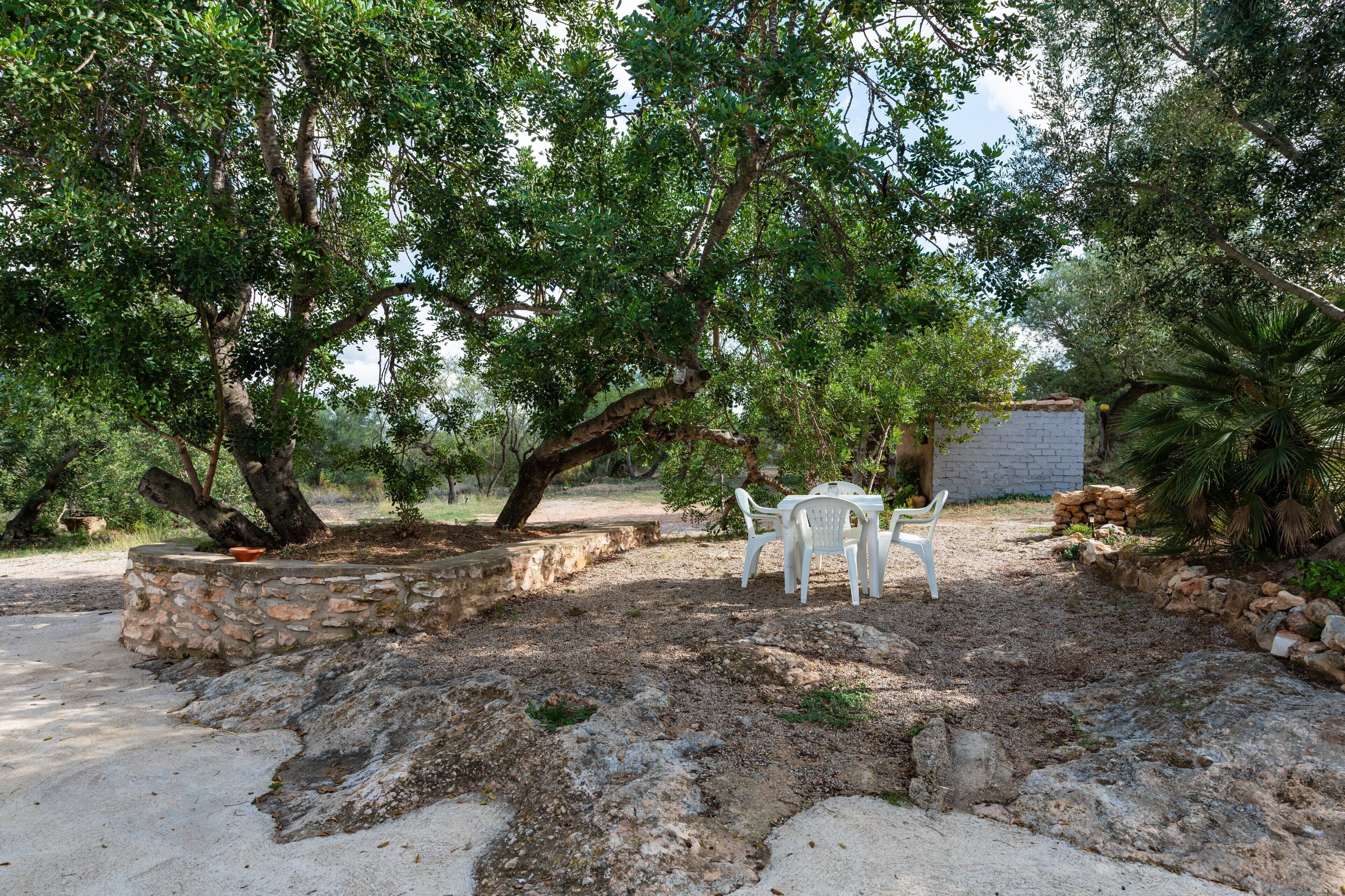 A stone wall, a white table with chairs, and a tree in a garden setting.