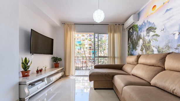 A modern living room with a sofa, TV, and potted plants. - Casa de Bella Apartment with Balcony and Wi-Fi (Fuengirola)