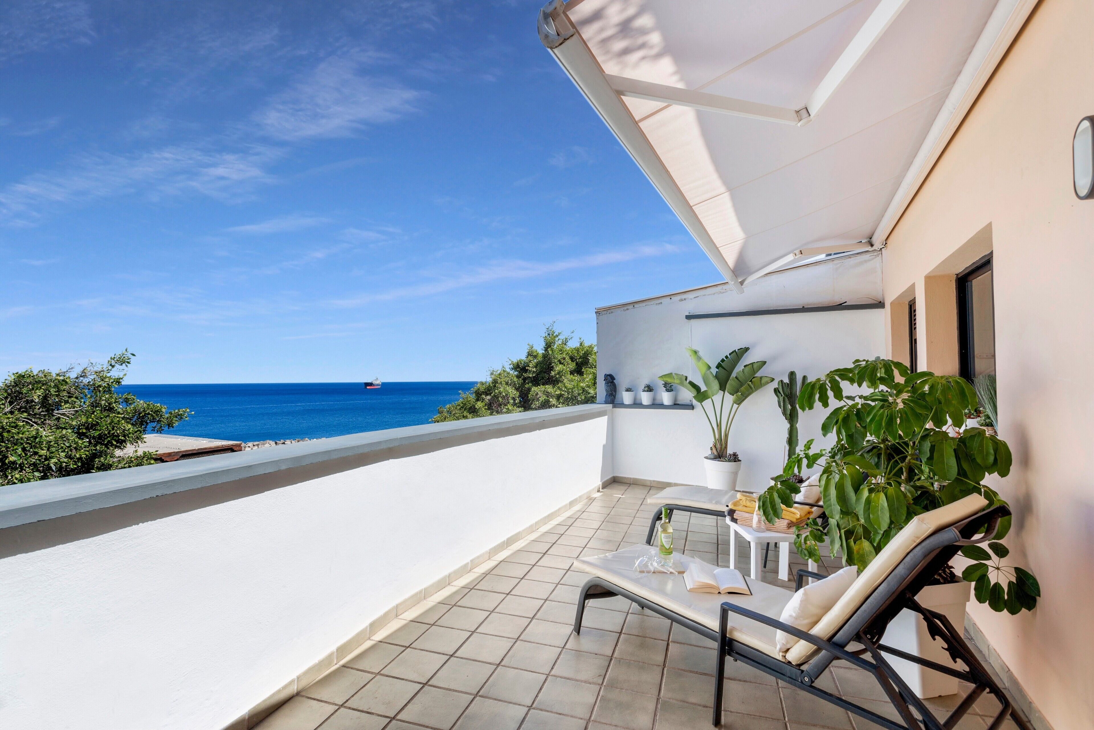 A balcony with a view of the sea, a white wall, a potted plant, and a lounge chair.
