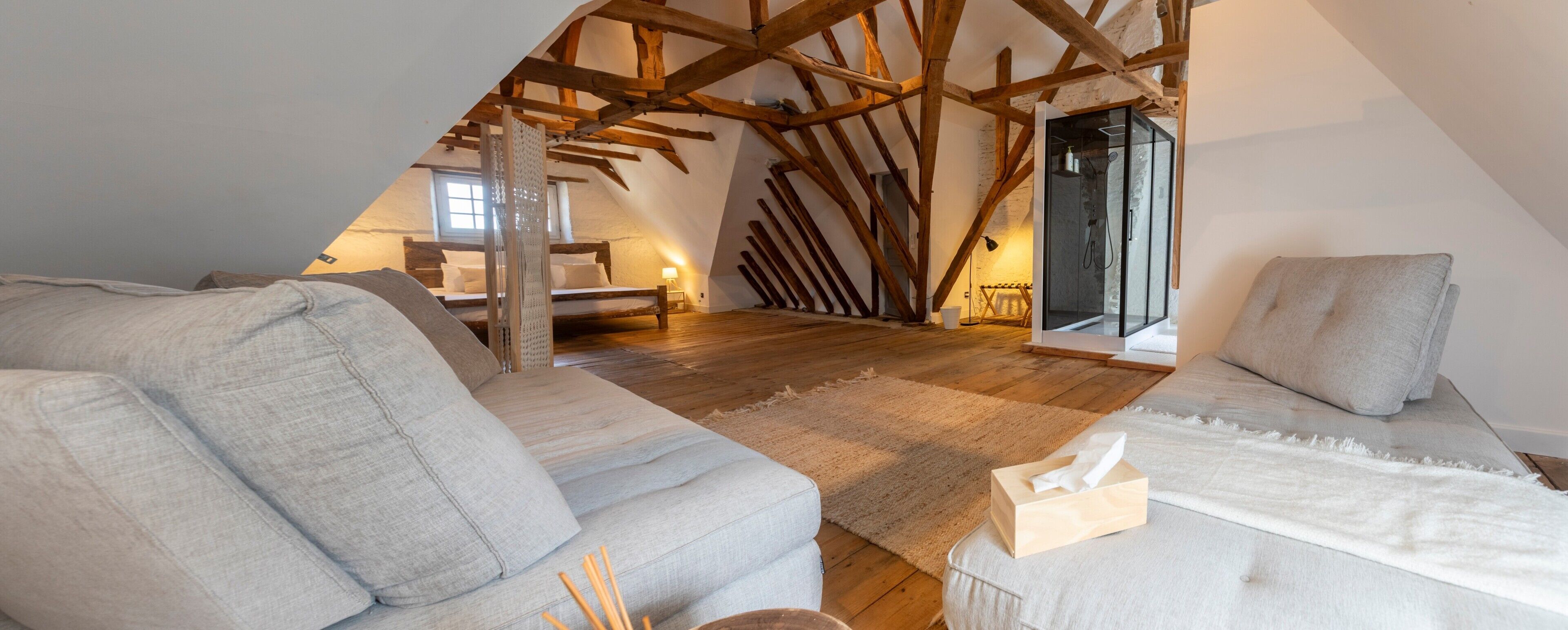 Ein Schlafzimmer im Loft-Stil mit schrägem Dach, Holzbalken, einem Bett, einer Couch und einer Duschkabine aus Glas.