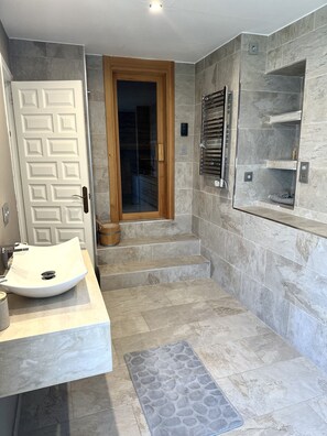 Shower, hair dryer, towels