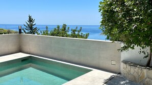 Ein Swimmingpool mit Blick auf den Ozean, eine Liege mit blauem Handtuch und ein Baum im Hintergrund.