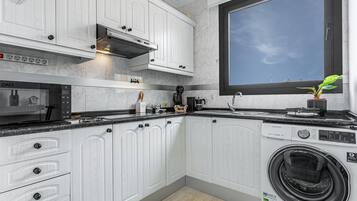 Kühlschrank, Mikrowelle, Herdplatte, Wasserkocher mit Kaffee-/Teezubehör