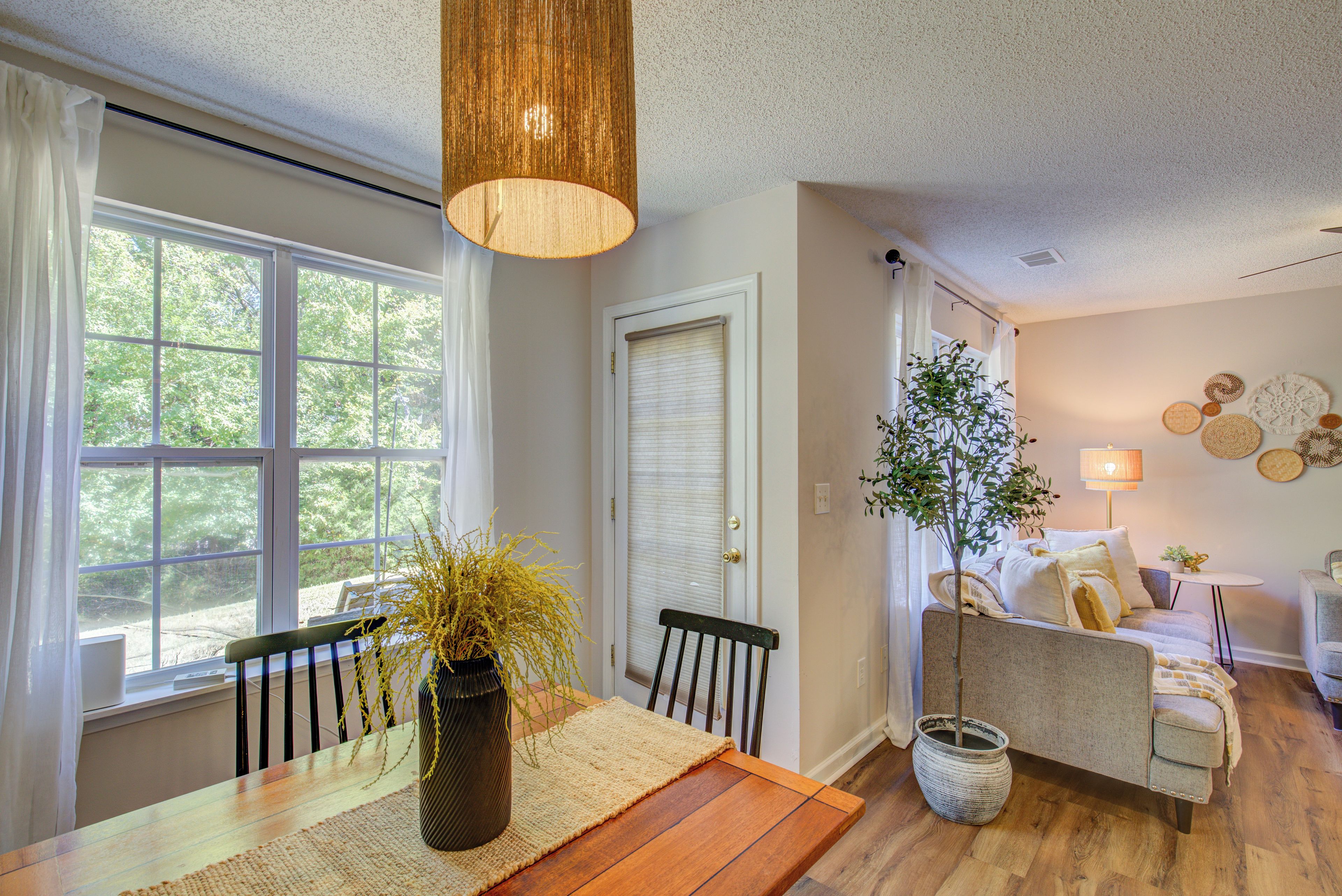 A room with a dining table, chairs, a sofa, a lamp, and a plant.