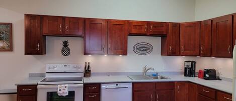 Een magnetron, een oven, een kookplaat, een vaatwasser