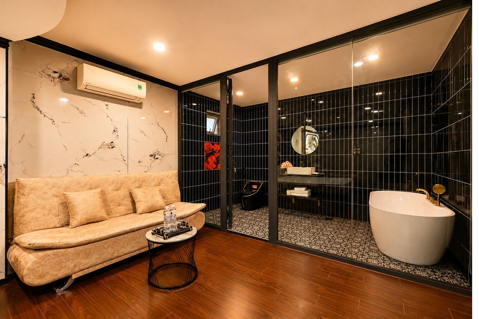 Suite with Sofa and Bathtub | Bathroom | Shower, rainfall showerhead, designer toiletries, hair dryer