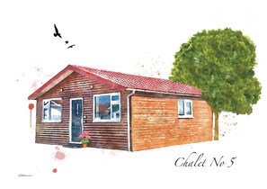 A wooden house with a red roof, a door, windows, and a potted plant.