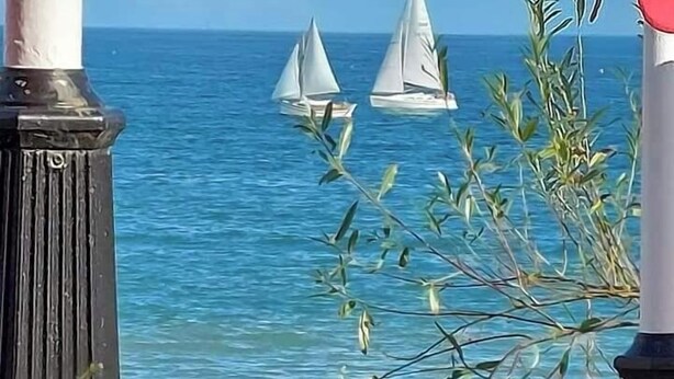 Vista del mar con dos veleros, una estructura de madera y algunas flores en primer plano.
