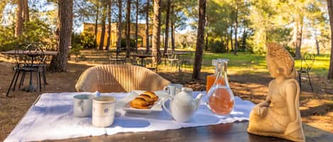 Montaje de picnic al aire libre con una mesa, una silla de mimbre y una estatua.