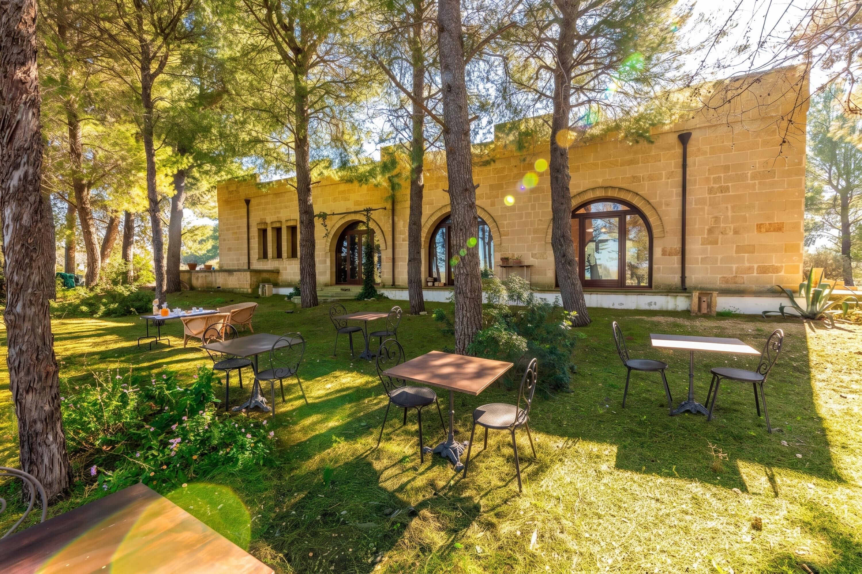 Un patio al aire libre con mesas y sillas, rodeado de árboles y un edificio de piedra con ventanas arqueadas.