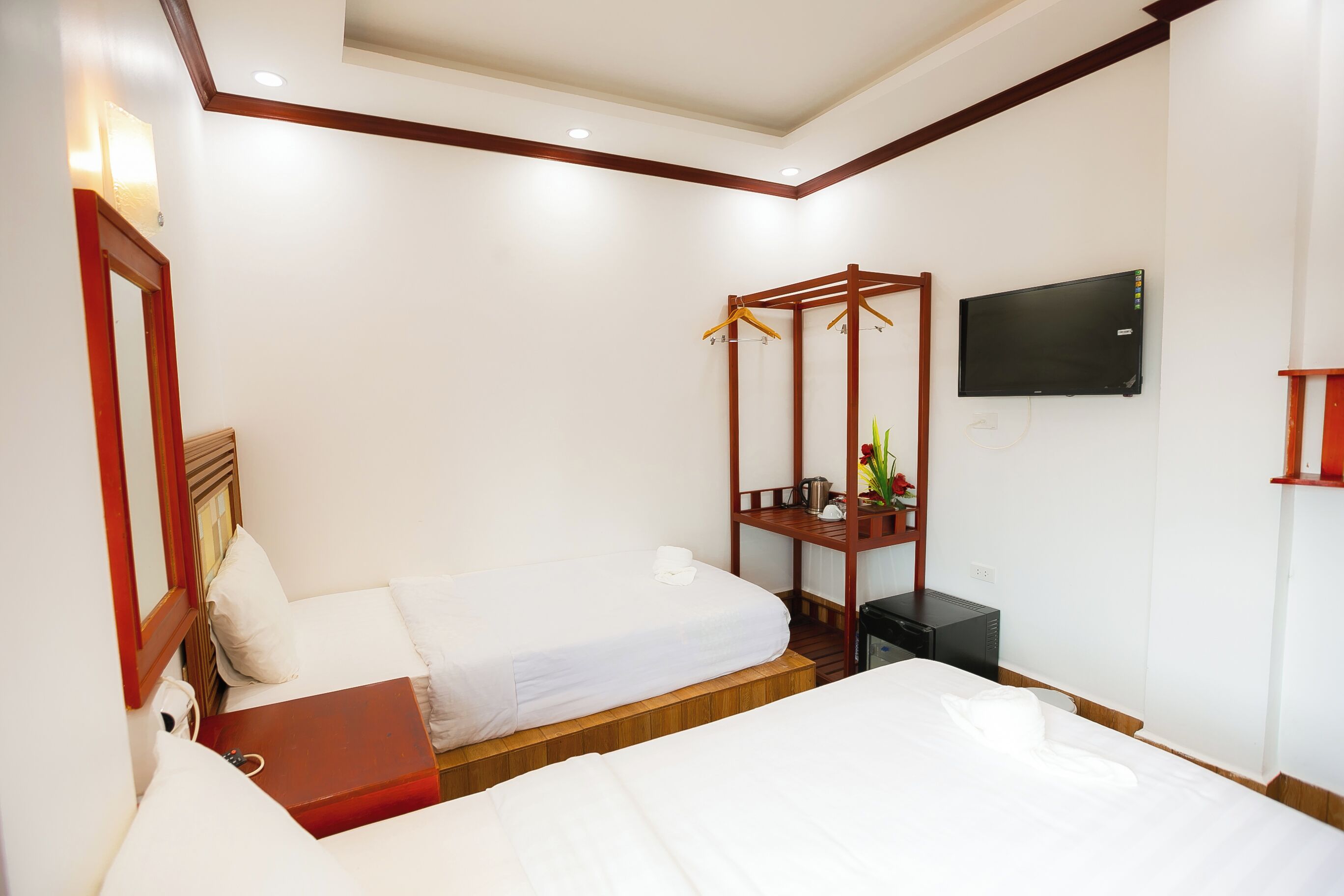 A hotel room with two beds, a TV mounted on the wall, a wooden bedside table, and a small shelf with a plant.