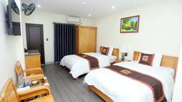 Desk, laptop workspace, blackout curtains, free WiFi