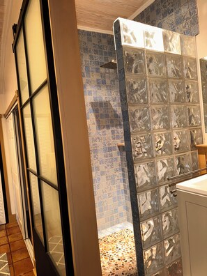 Shower, hair dryer, towels, soap