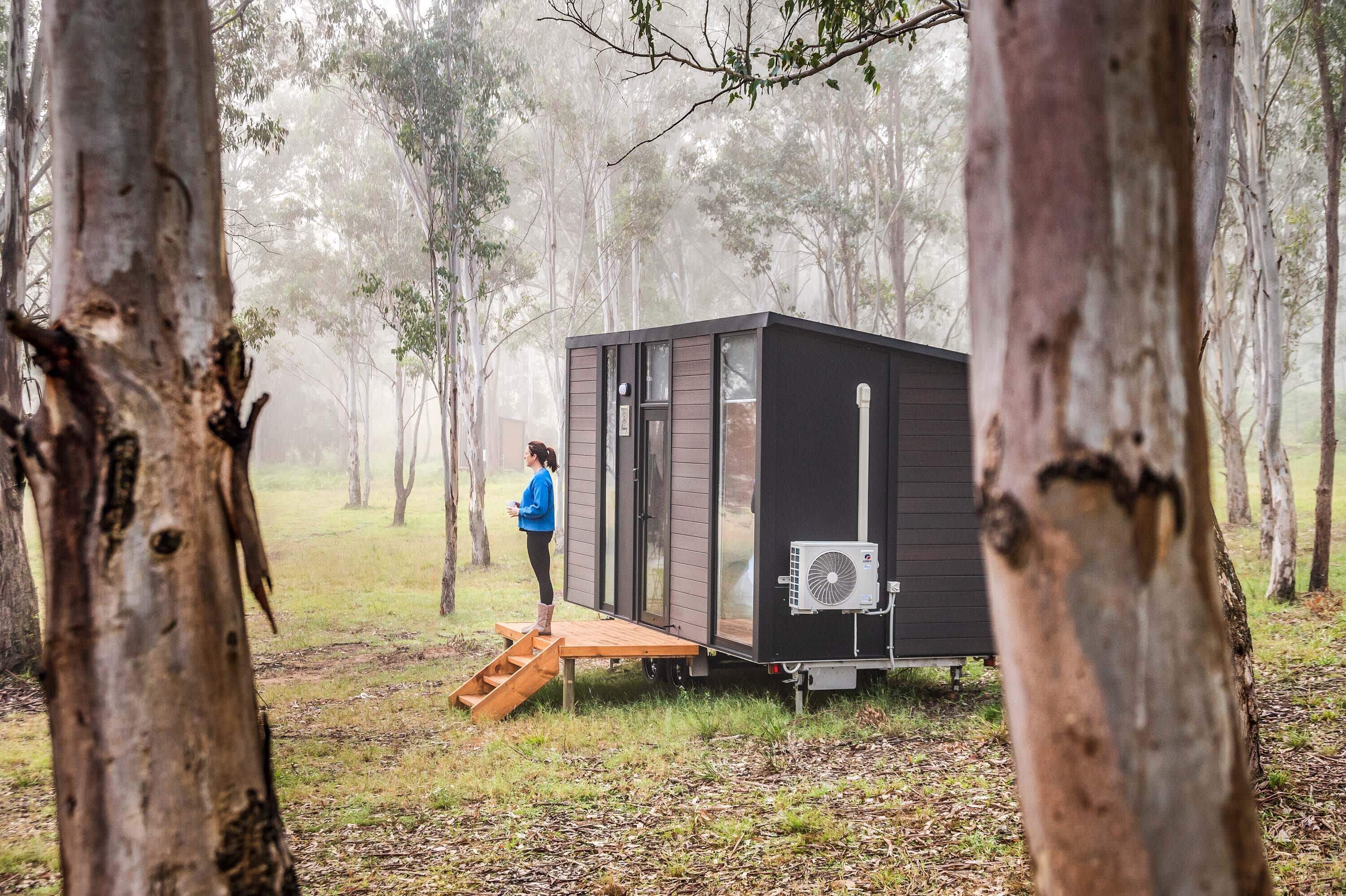 Une petite cabane dotée d’une terrasse en bois, entourée d’arbres au cœur d’une forêt.