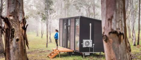 Une petite cabane dotée d’une terrasse en bois, entourée d’arbres au cœur d’une forêt.