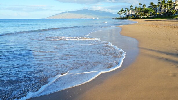 A beach with a sandy shore, ocean waves, and a mountain in the background. - Walk to Beach | Pools, Pickleball, Kihei (Kihei)
