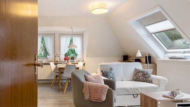 A modern living room with a sofa, a dining area, and a skylight. - Studio Apartment 'Appartement Skagen' with Shared Garden and Wi-Fi (Glücksburg (Ostsee))