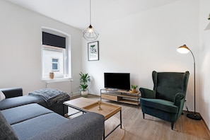 A modern living room with a sofa, armchair, TV, and pendant light. - Apartment 'Ferienwohnung Finsterwalde 2' with Wi-Fi (Finsterwalde)