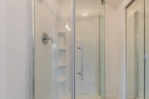 Shower, hair dryer, shampoo