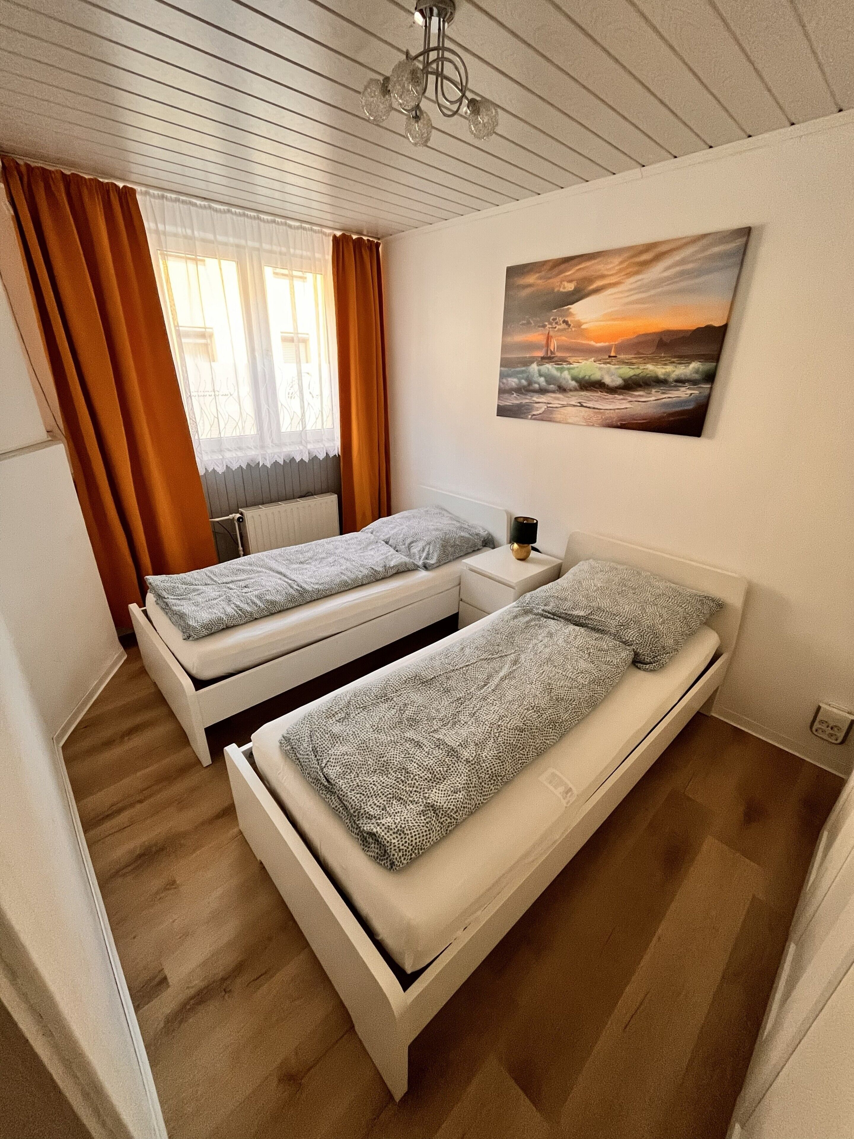 A bedroom with two beds, a radiator, a window with curtains, a painting on the wall, and a ceiling light fixture.
