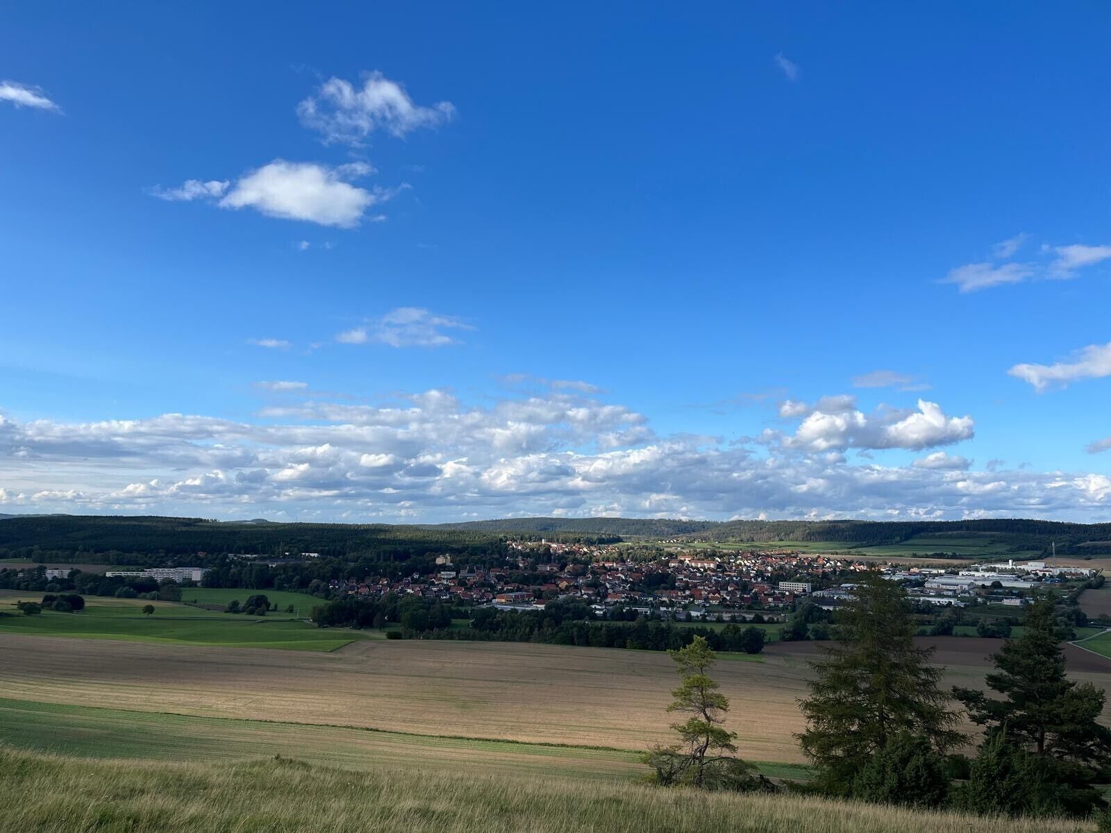 A rural landscape with a village, fields, and a clear sky.