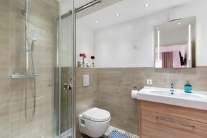 Shower, hair dryer, towels