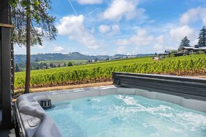 Outdoor spa tub - Breathtaking Wine Country Home w/ Incredible Dundee Hills Vineyard Views, Covered Deck w/ Hot Tub (Dundee)