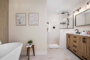 Shower, hair dryer, towels, shampoo