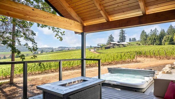 Un espace extérieur abrité comprenant un jacuzzi, un foyer et une vue sur un vignoble.