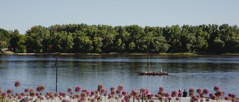 A serene lakeside view with a boat on the water, surrounded by lush greenery and purple flowers.