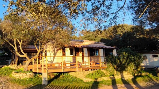 A rustic cabin with a wooden deck, surrounded by trees and greenery. - Maison Proche du Port, vue sur la Citadelle (Bonifacio)